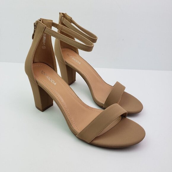 NEW Top Moda Hannah-1 Womens Size 10 Tan 3.5" Heel Rear Zip Ankle Strap Sandals - Picture 1 of 14